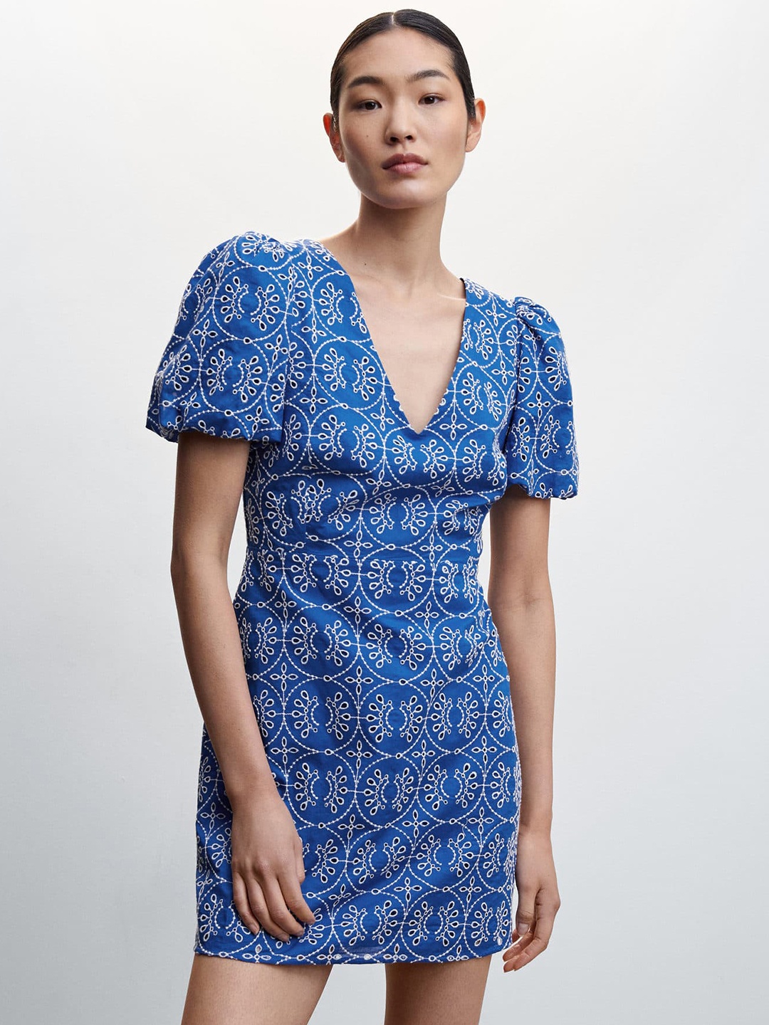 

MANGO Floral Embroidered Pure Cotton Sheath Mini Dress, Blue