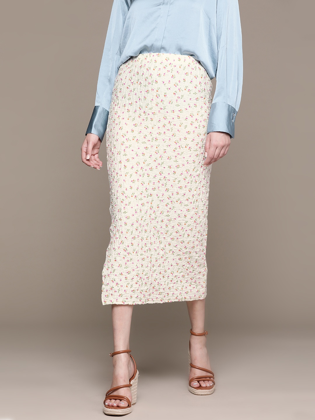 

MANGO Floral Print Textured Pencil Midi Skirt, Off white
