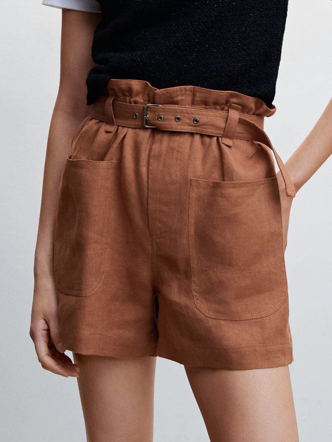 

MANGO Women High-Rise Linen Shorts with Belt, Brown