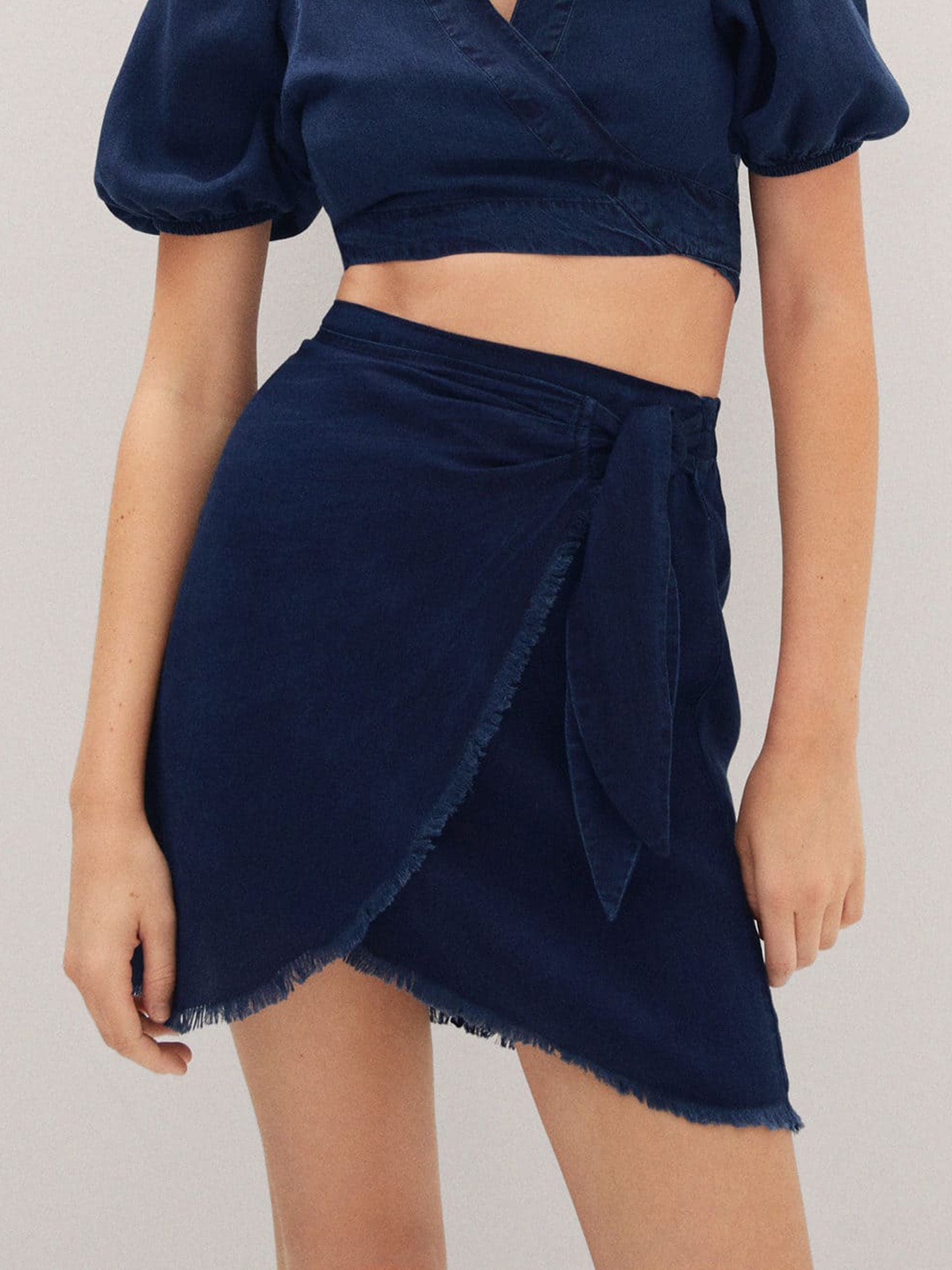

MANGO Frayed Denim Wrap Mini Skirt, Navy blue