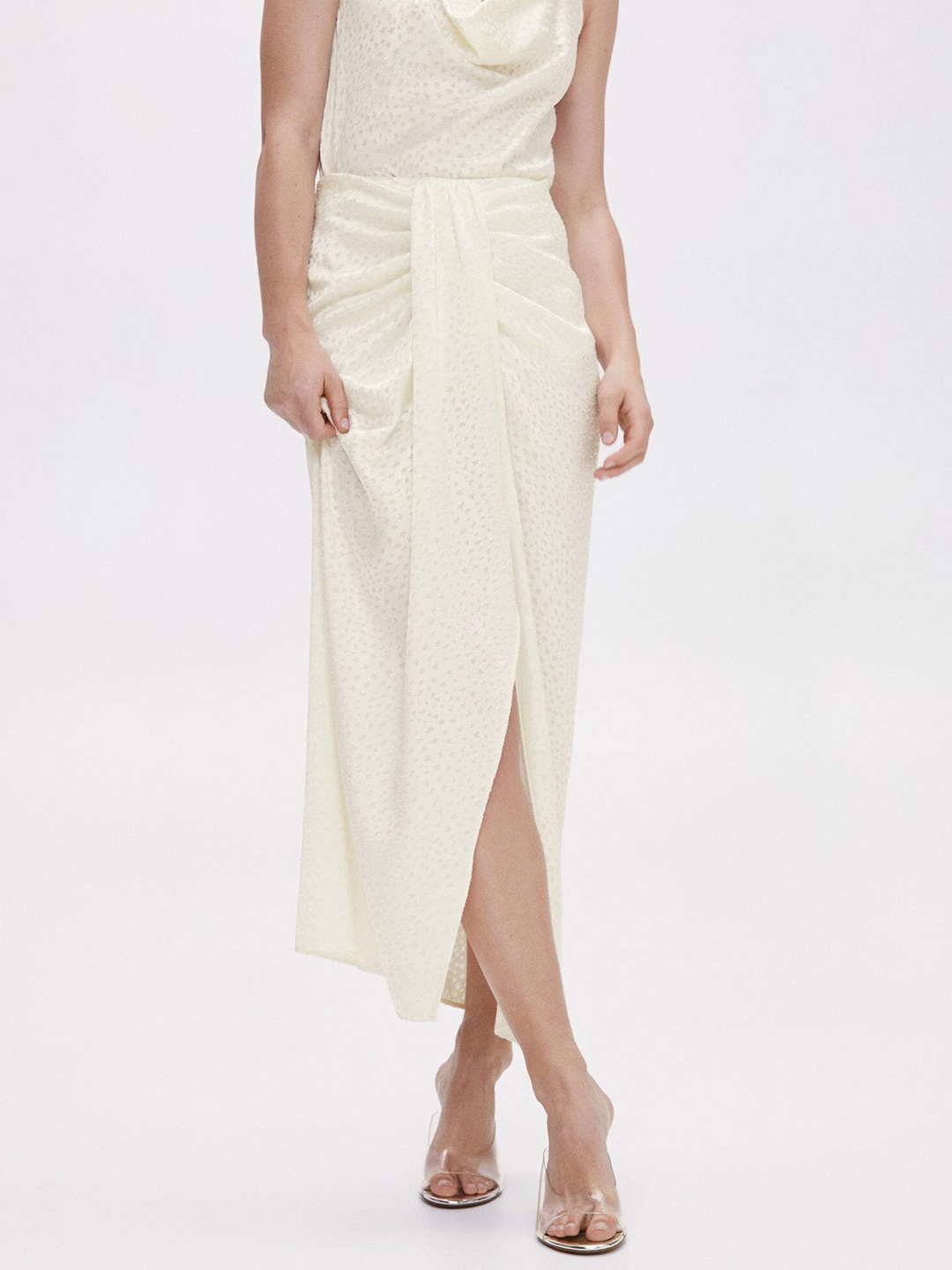 

MANGO Self Design Midi A-Line Pleated Skirt, Cream