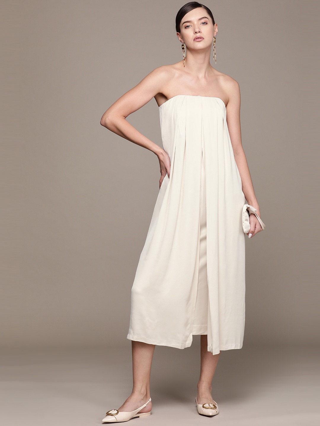 

MANGO Strapless Layered A-Line Midi Dress, Off white