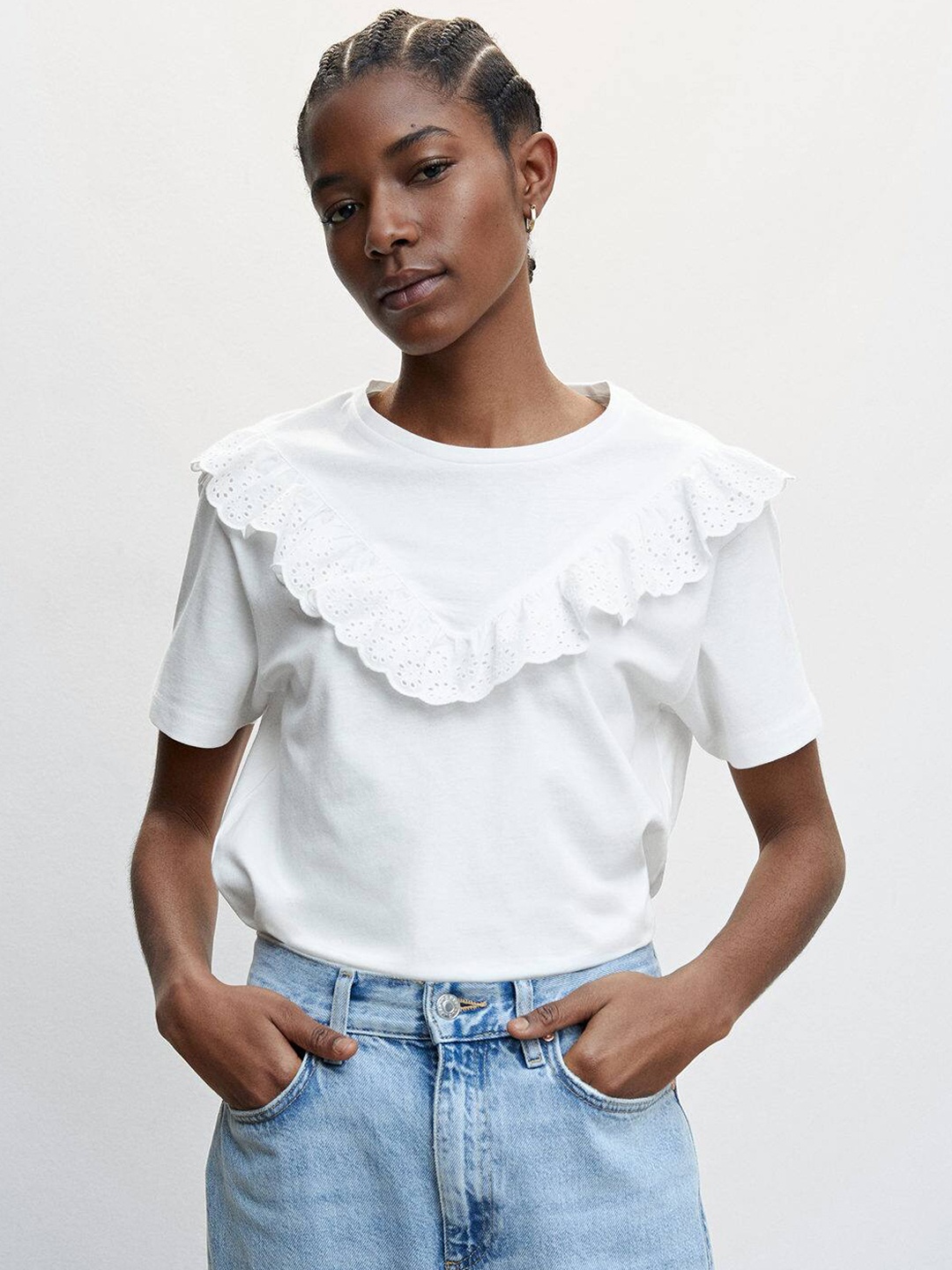 

MANGO Schiffli Embroidered Detail Ruffles Cotton Top, White