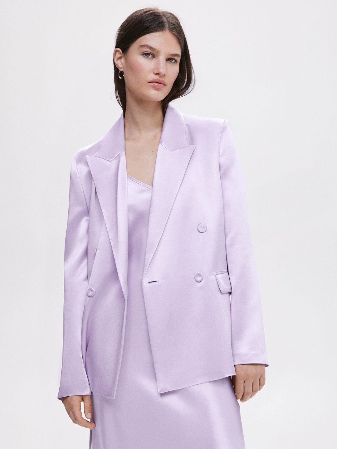 

MANGO Notched Lapel Collar Satin-Finish Double-Breasted Blazer, Lavender