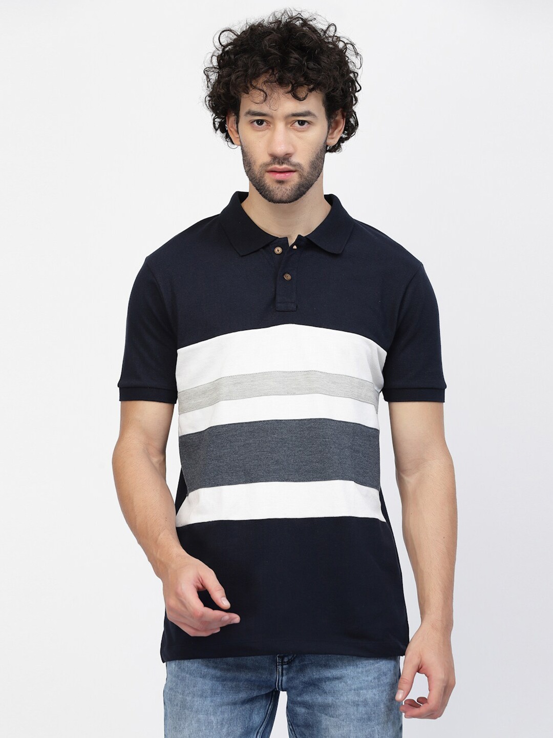 

Kalt Striped Polo Collar T-shirt, Navy blue