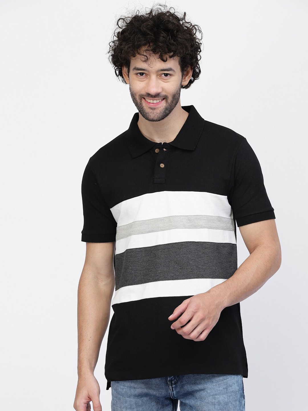 

Kalt Striped Regular Fit Polo Collar T-shirt, Black