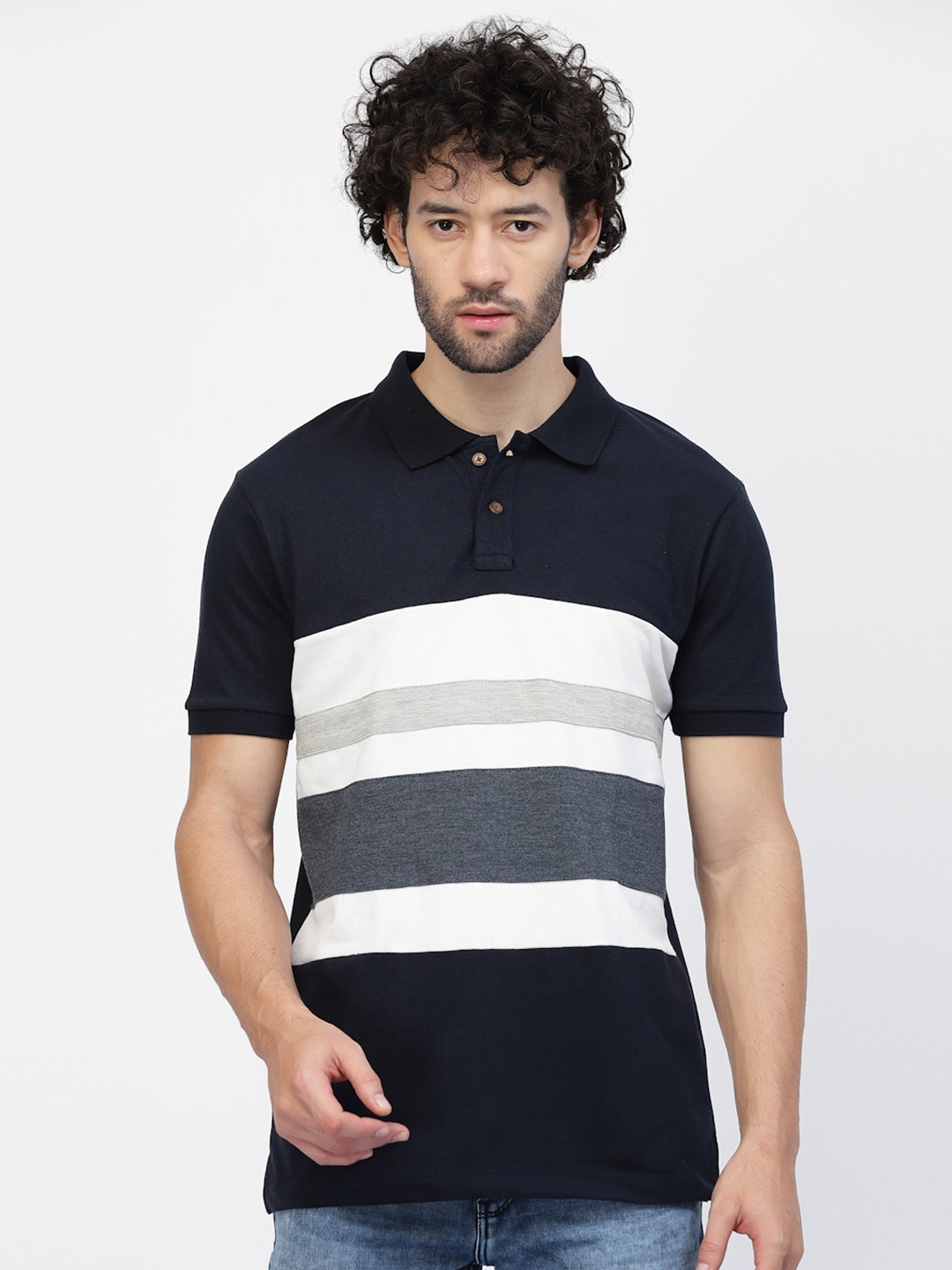

Kalt Striped Polo Collar T-shirt, Navy blue