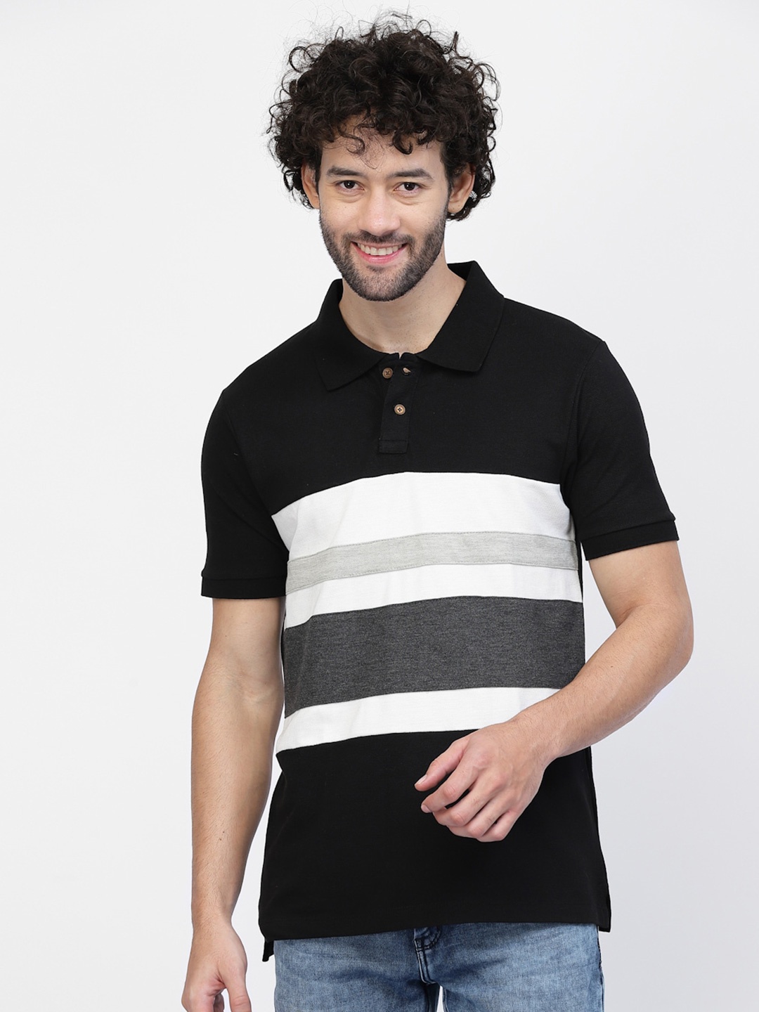 

Kalt Striped Polo Collar Casual Cotton T-shirt, Black