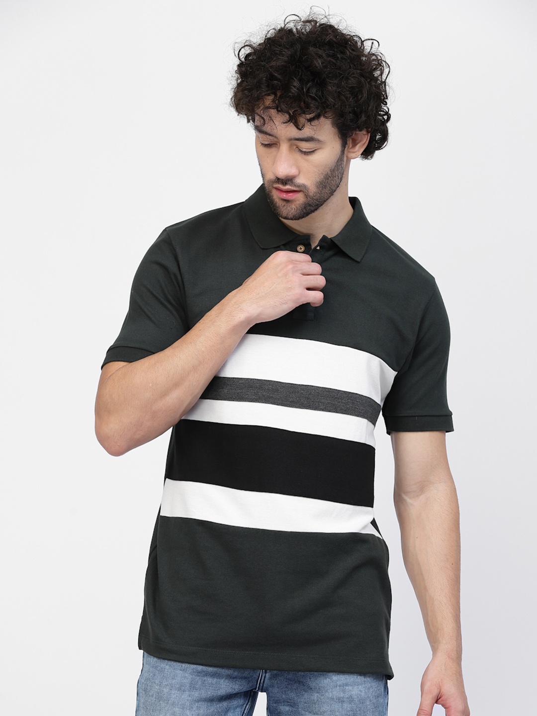 

Kalt Striped Polo Collar T-shirt, Green