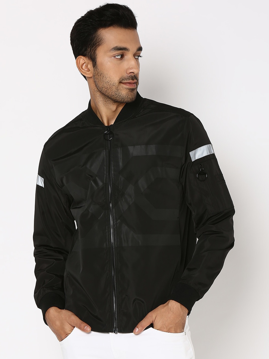 

Mufti Printed Mandarin Collar Lightweight Bomber Jacket, Black