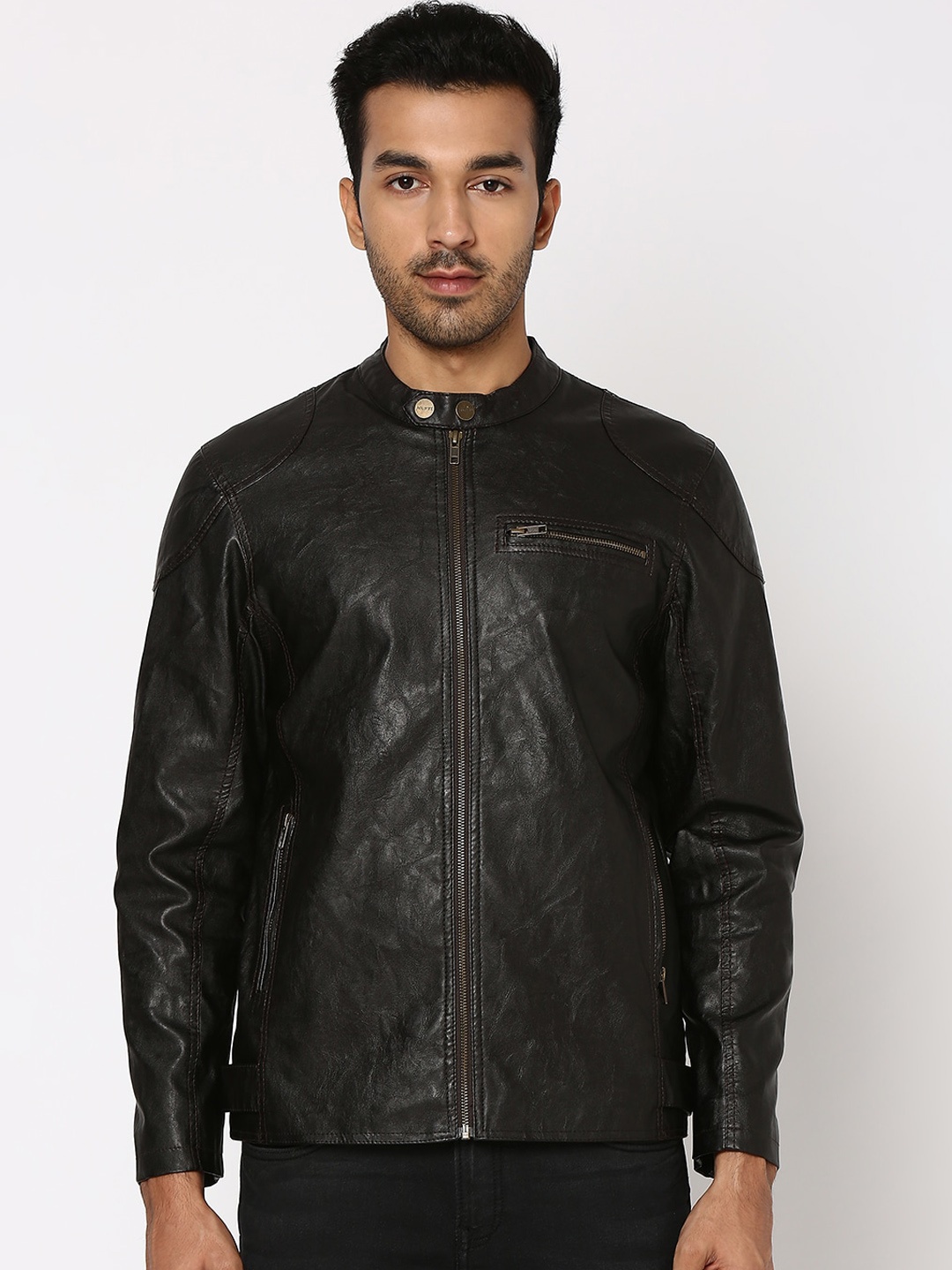 

Mufti Stand Collar Biker Jacket, Brown