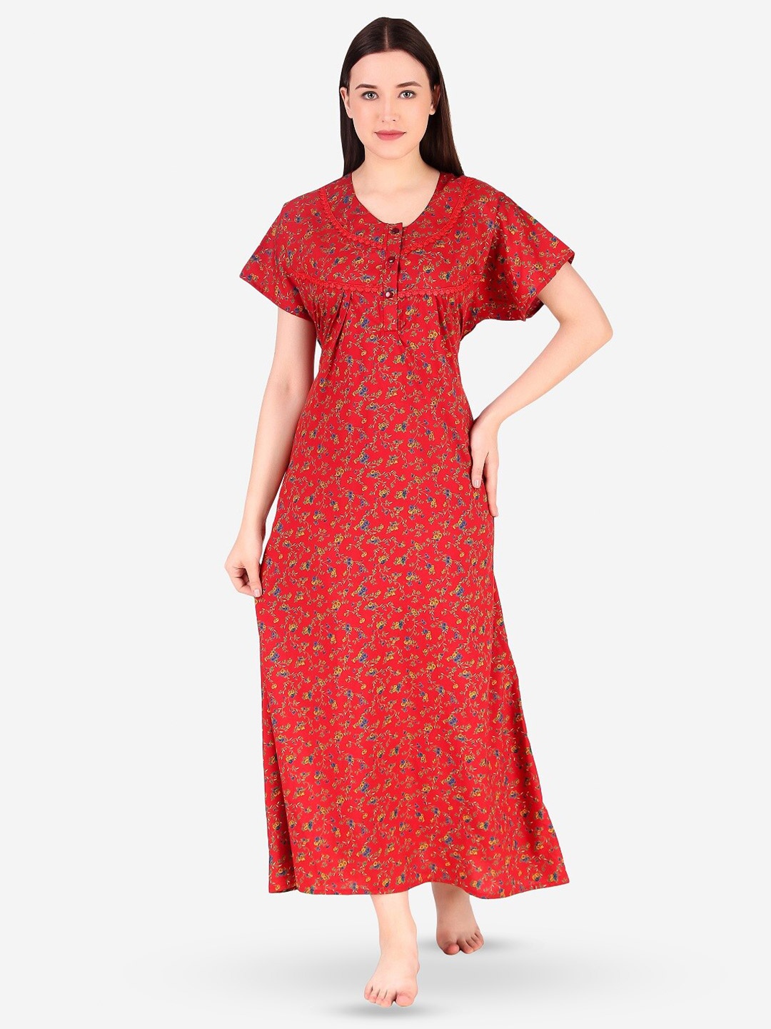 

Masha Red Floral Printed Pure Cotton Maxi Nightdress