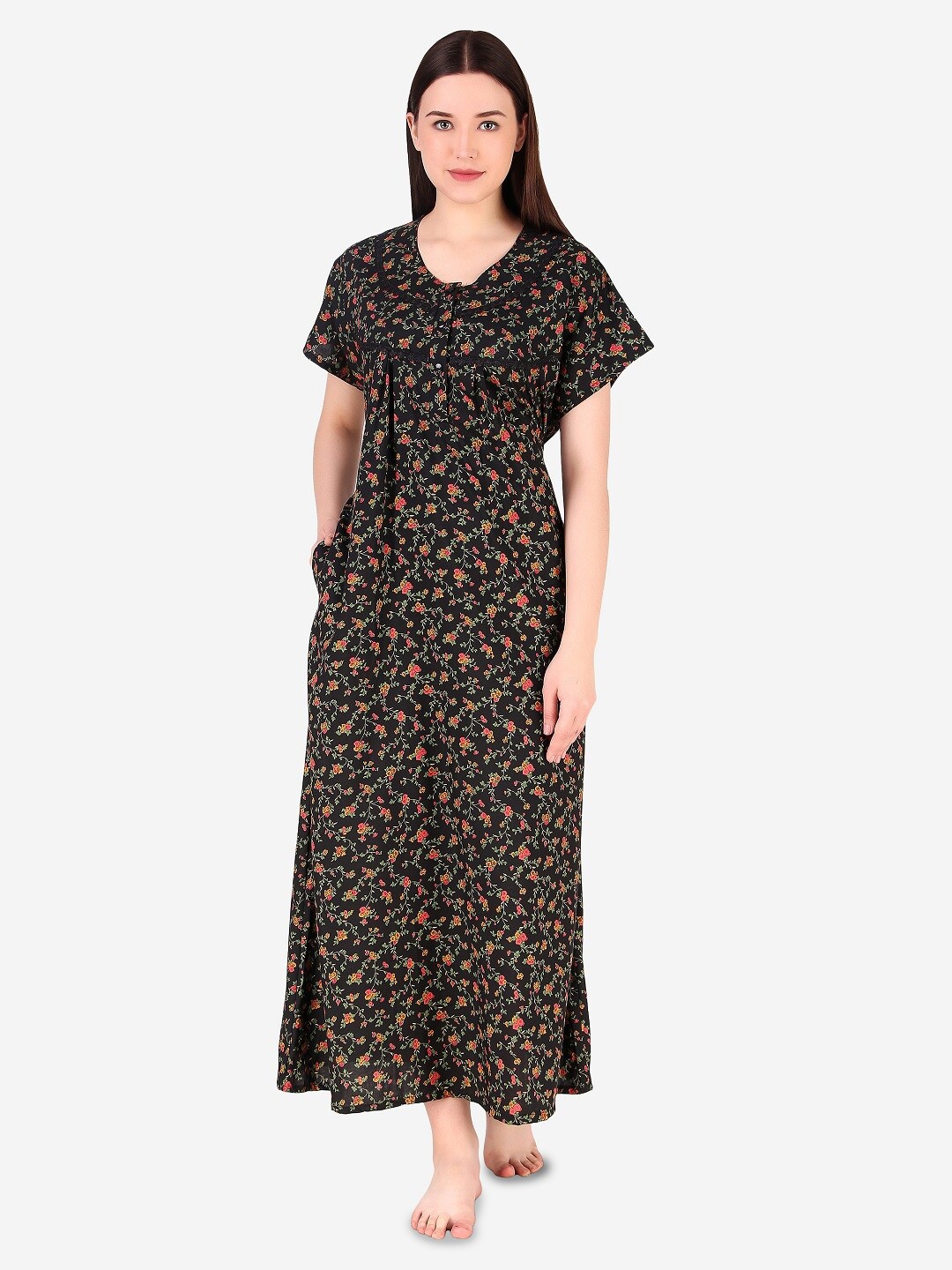 

Masha Black Floral Printed Pure Cotton Maxi Nightdress