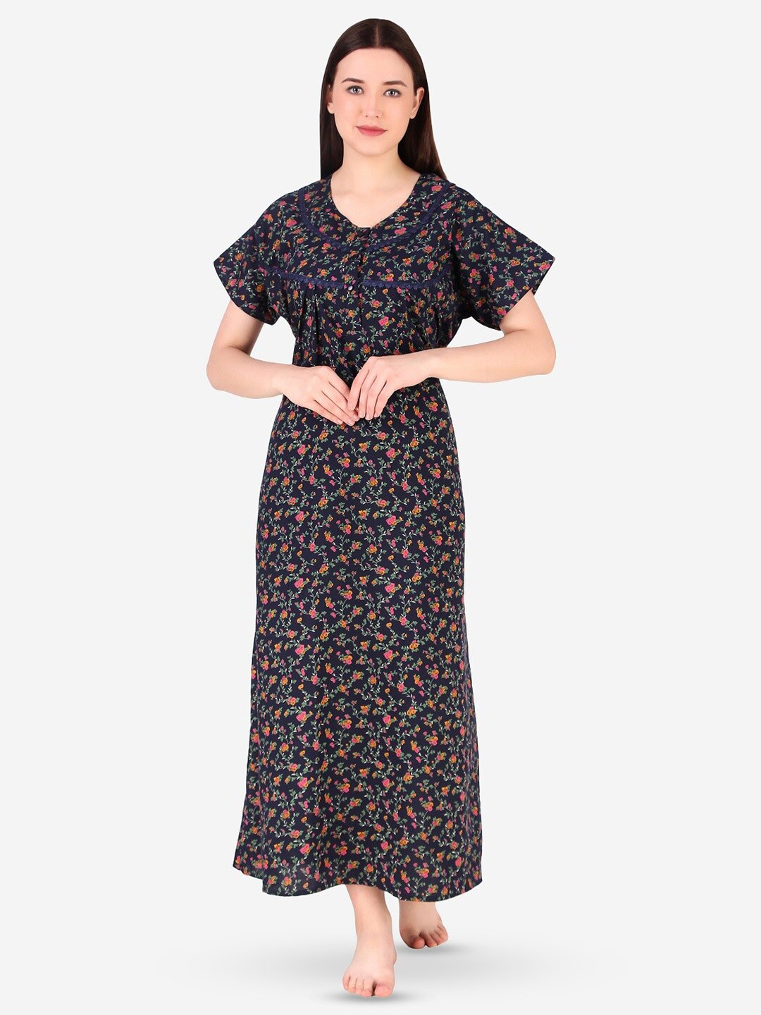 

Masha Navy Blue Floral Printed Pure Cotton Maxi Nightdress