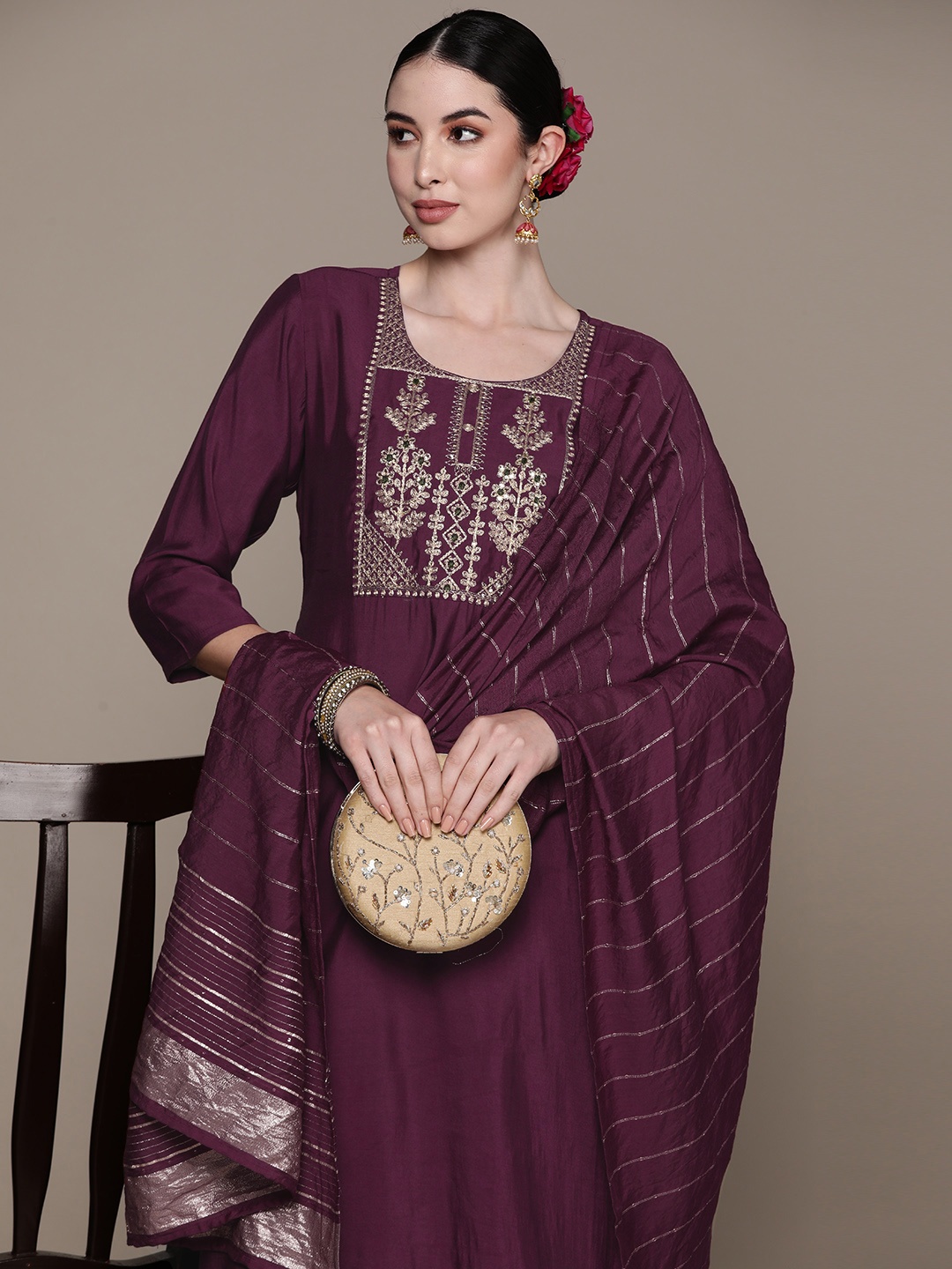 

Anubhutee Ethnic Motifs Yoke Design Regular Kurta with Trousers & With Dupatta, Purple