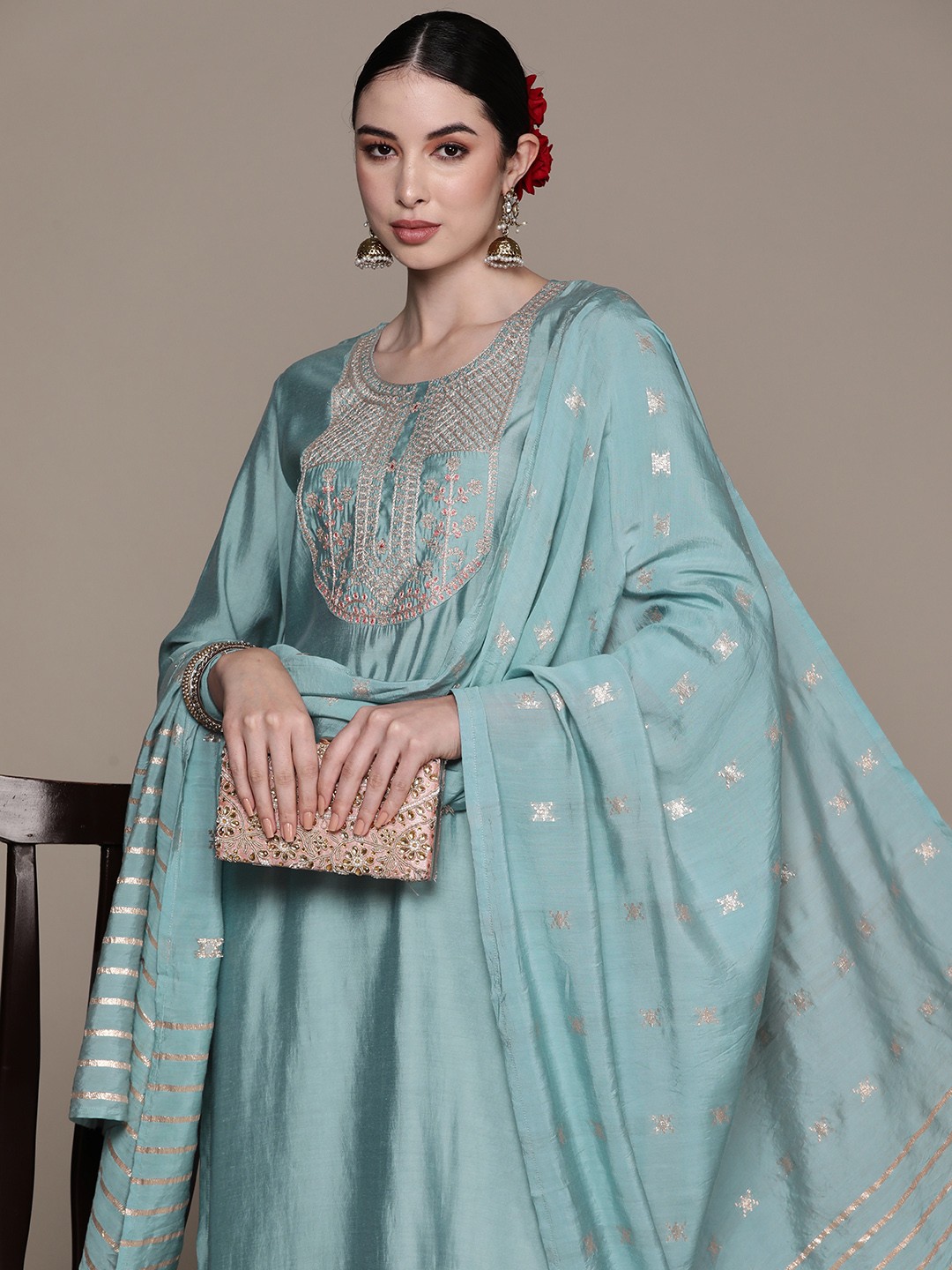 

Anubhutee Ethnic Motifs Embroidered Regular Kurta with Trousers & With Dupatta, Blue