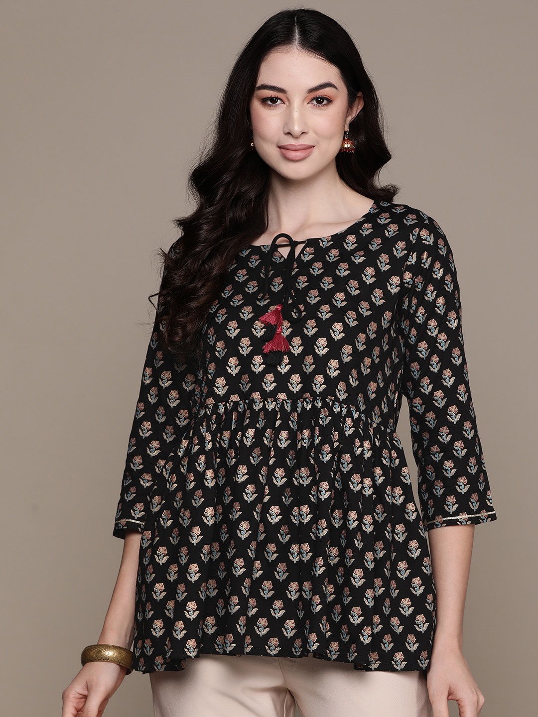 

Anubhutee Floral Printed Tie-Up Neck Pleated Kurti, Black