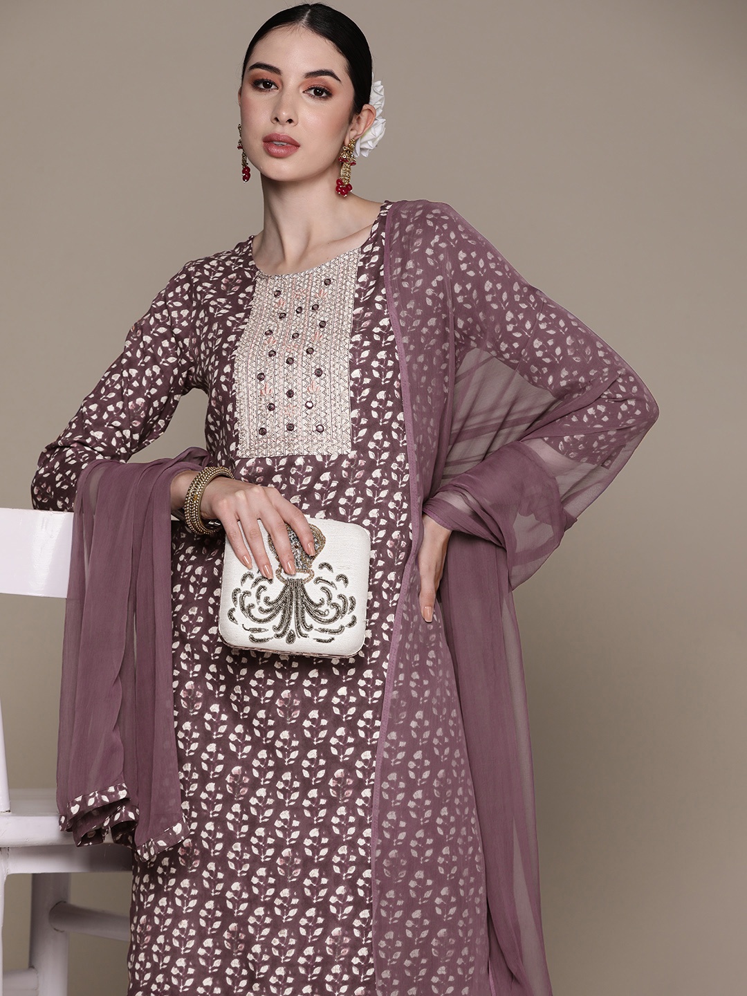 

Anubhutee Floral Printed Regular Mirror Work Kurta with Trousers & With Dupatta, Purple