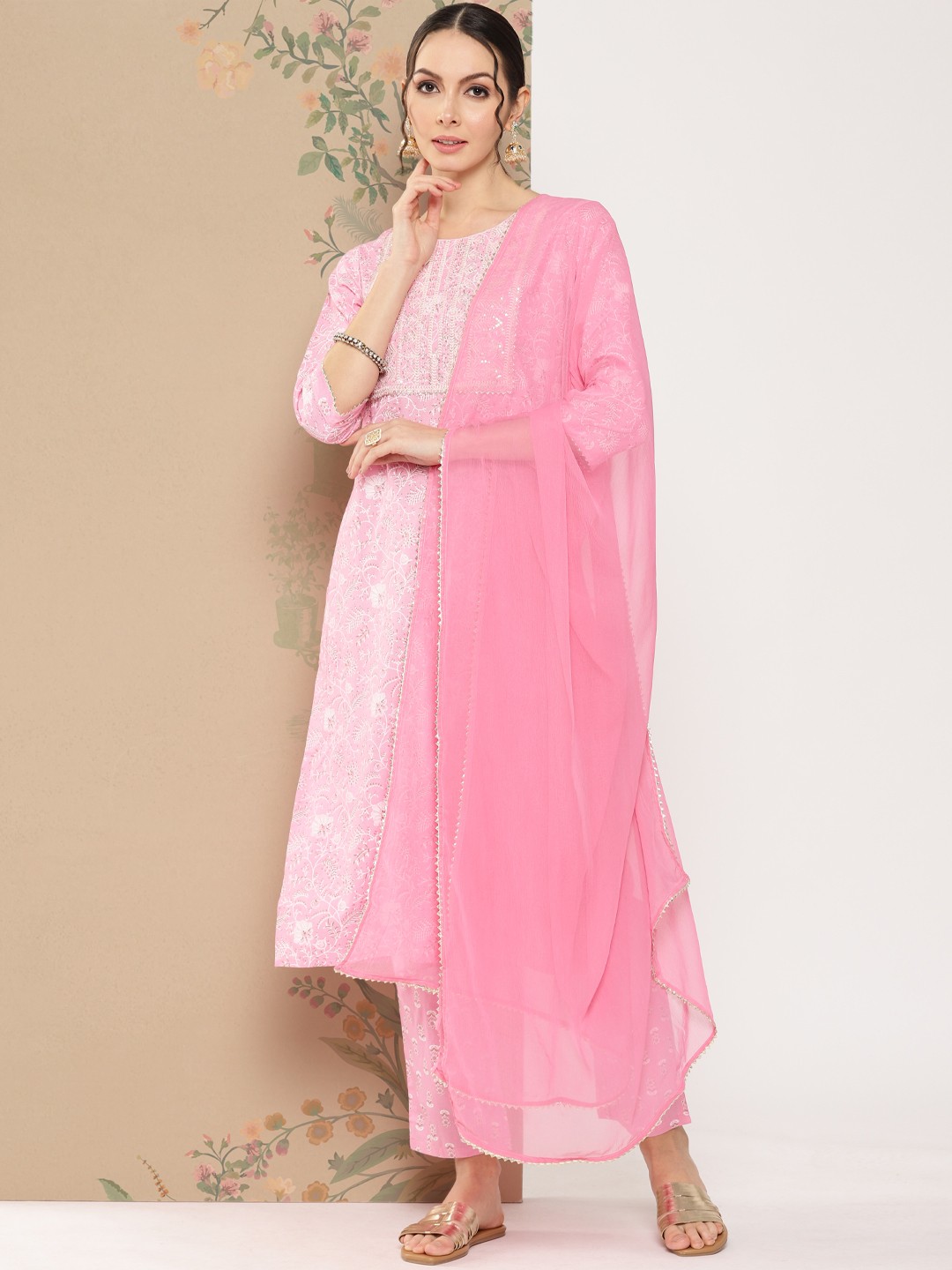 

Anubhutee Women Floral Embroidered Regular Beads and Stones Kurta with Trousers & Dupatta, Pink