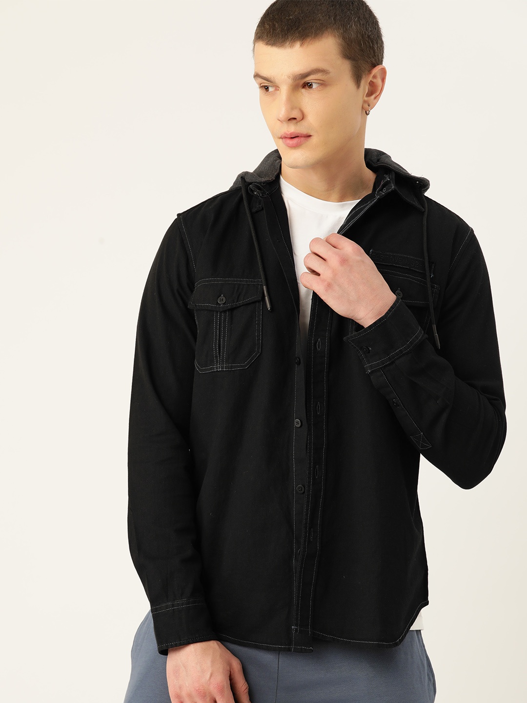 

Kook N Keech Men Hooded Comfort Opaque Cotton Casual Shirt, Black