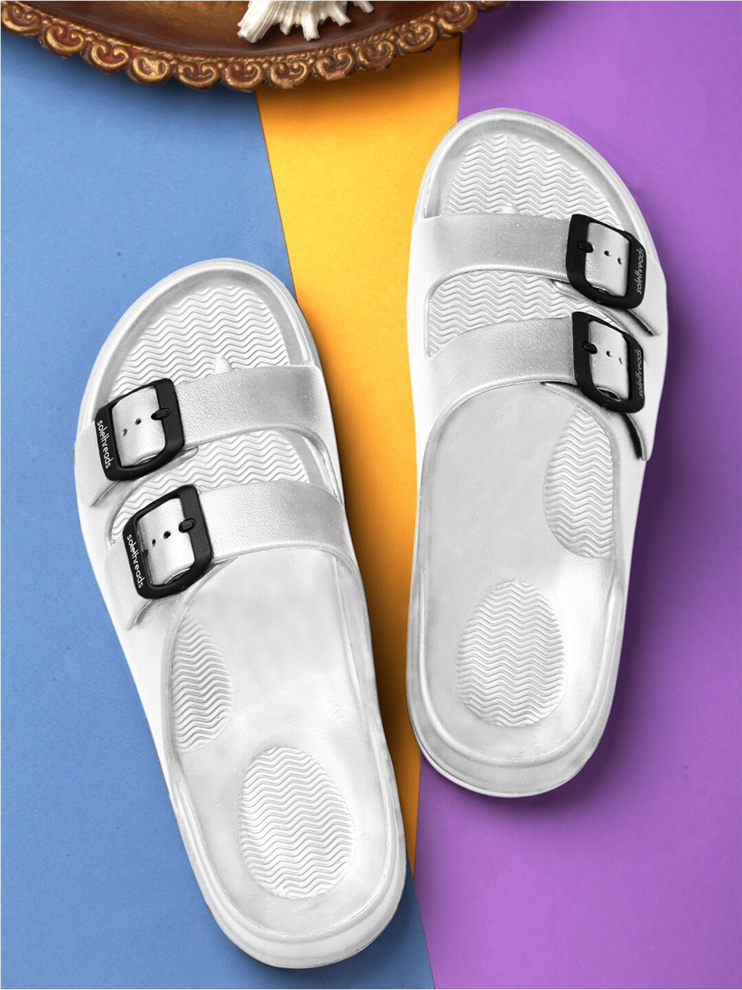 

Solethreads Women Skid-Resistance Two Strap Sliders With Buckle Detail, White