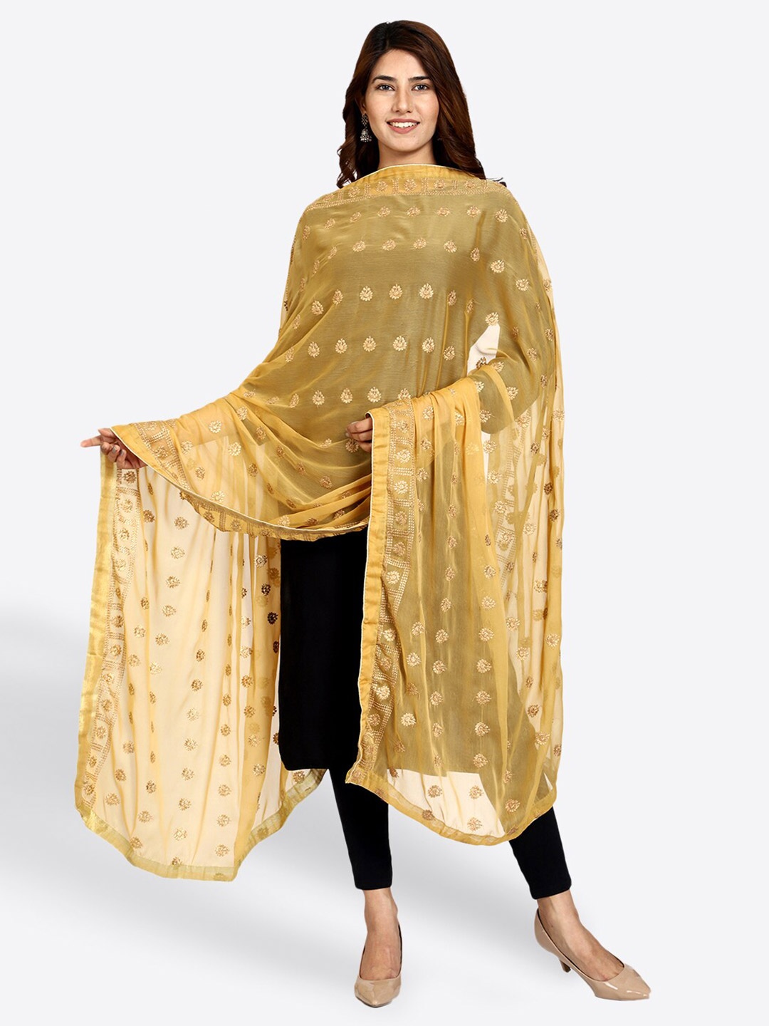 

SWI Stylish Ethnic Motifs Embroidered Dupatta with Zari, Beige