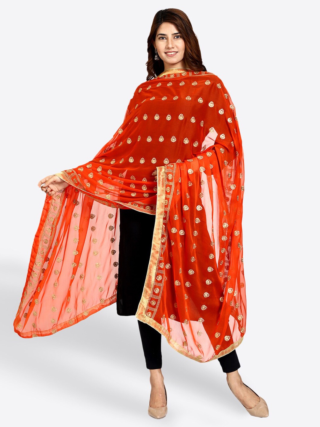 

SWI Stylish Ethnic Motifs Embroidered Dupatta with Zari, Orange
