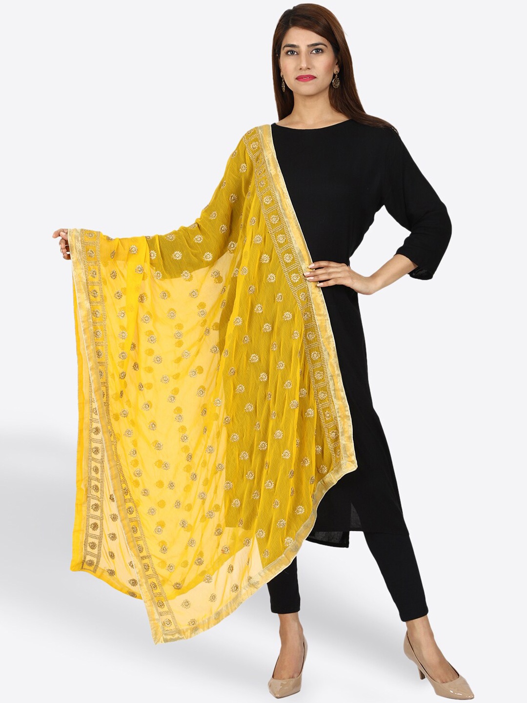 

SWI Stylish Ethnic Motifs Embroidered Dupatta with Zari, Yellow