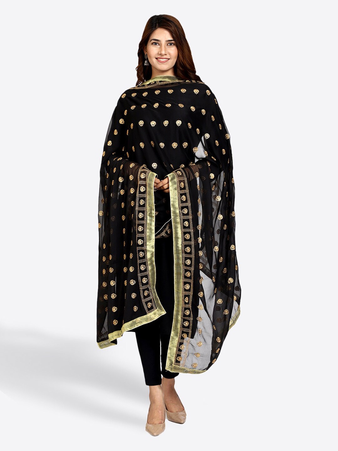 

SWI Stylish Ethnic Motifs Embroidered Dupatta with Zari, Black