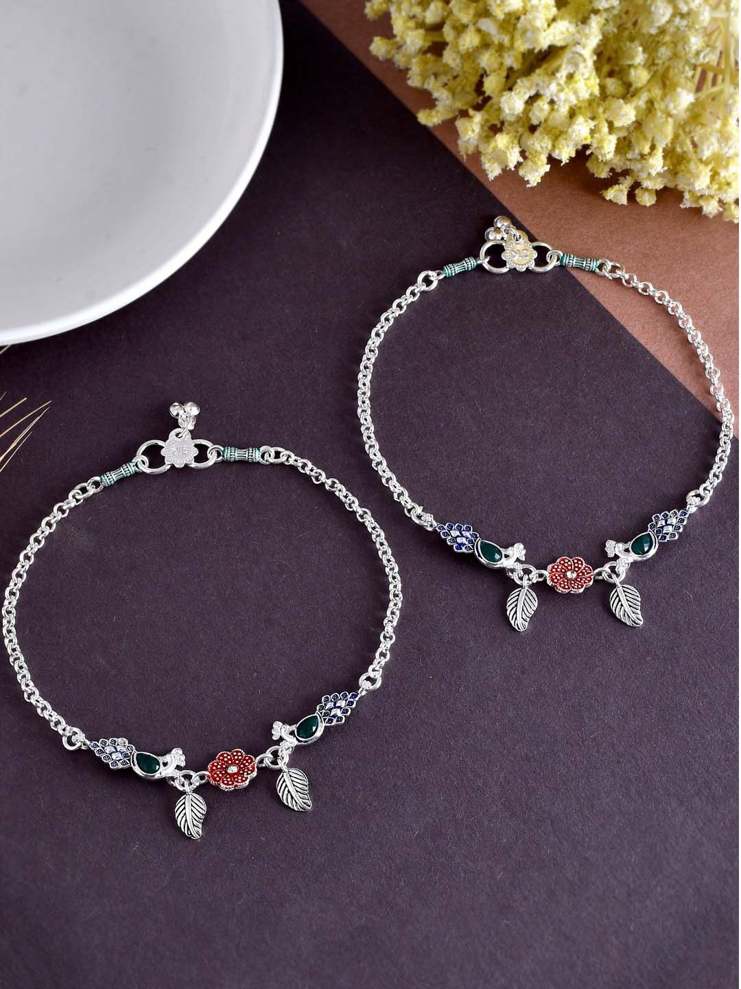 

Silvermerc Designs Set Of 2 Silver-Plated Intricate Textured Stone Studded Anklets