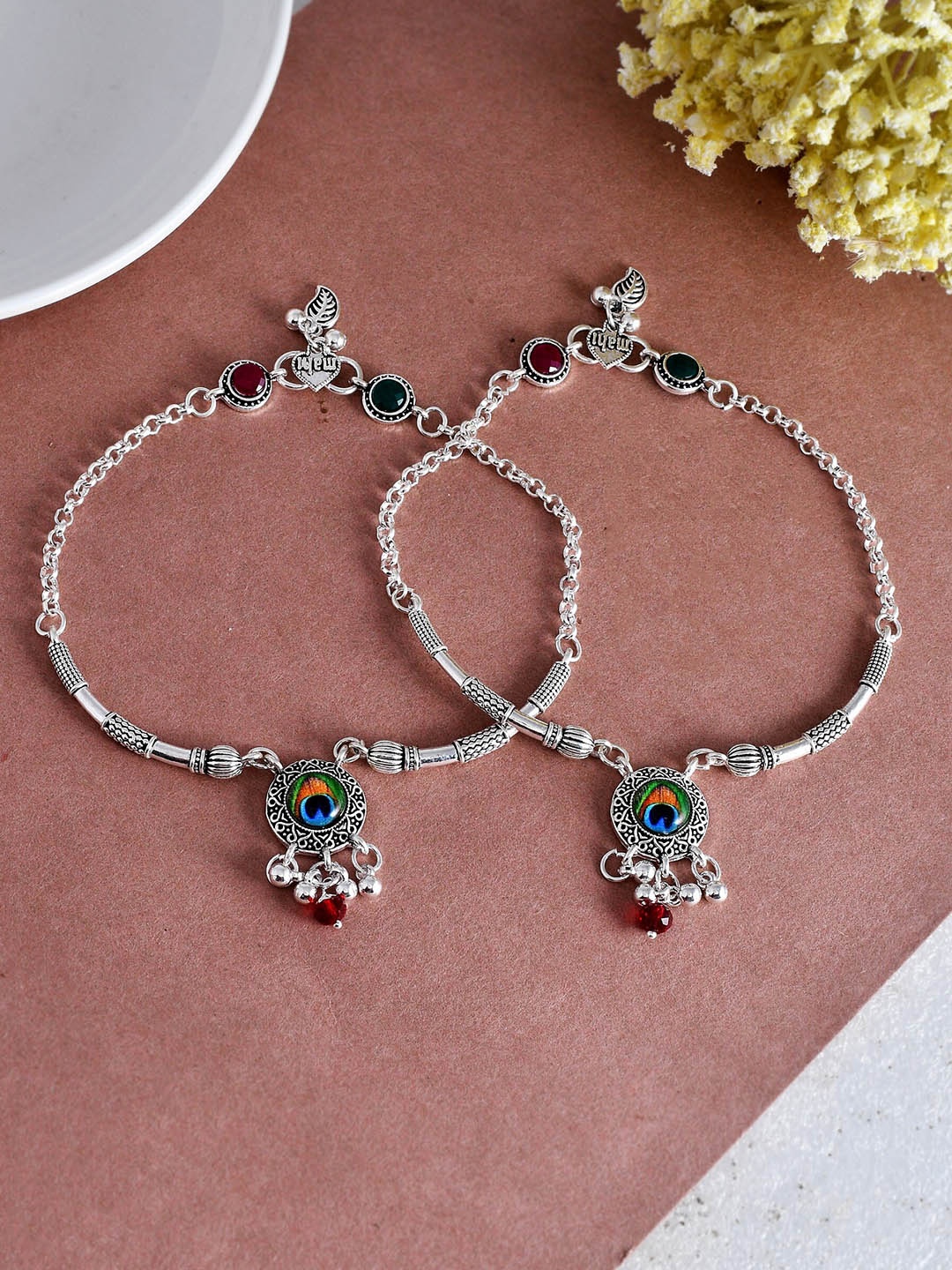 

Silvermerc Designs Set Of 2 Silver-Plated Stone Studded & Beaded Anklets