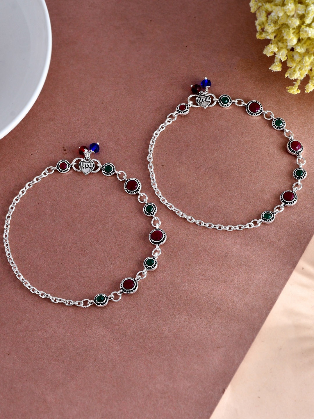 

Silvermerc Designs Set Of 2 Silver-Plated Stone-Studded & Beaded Anklets