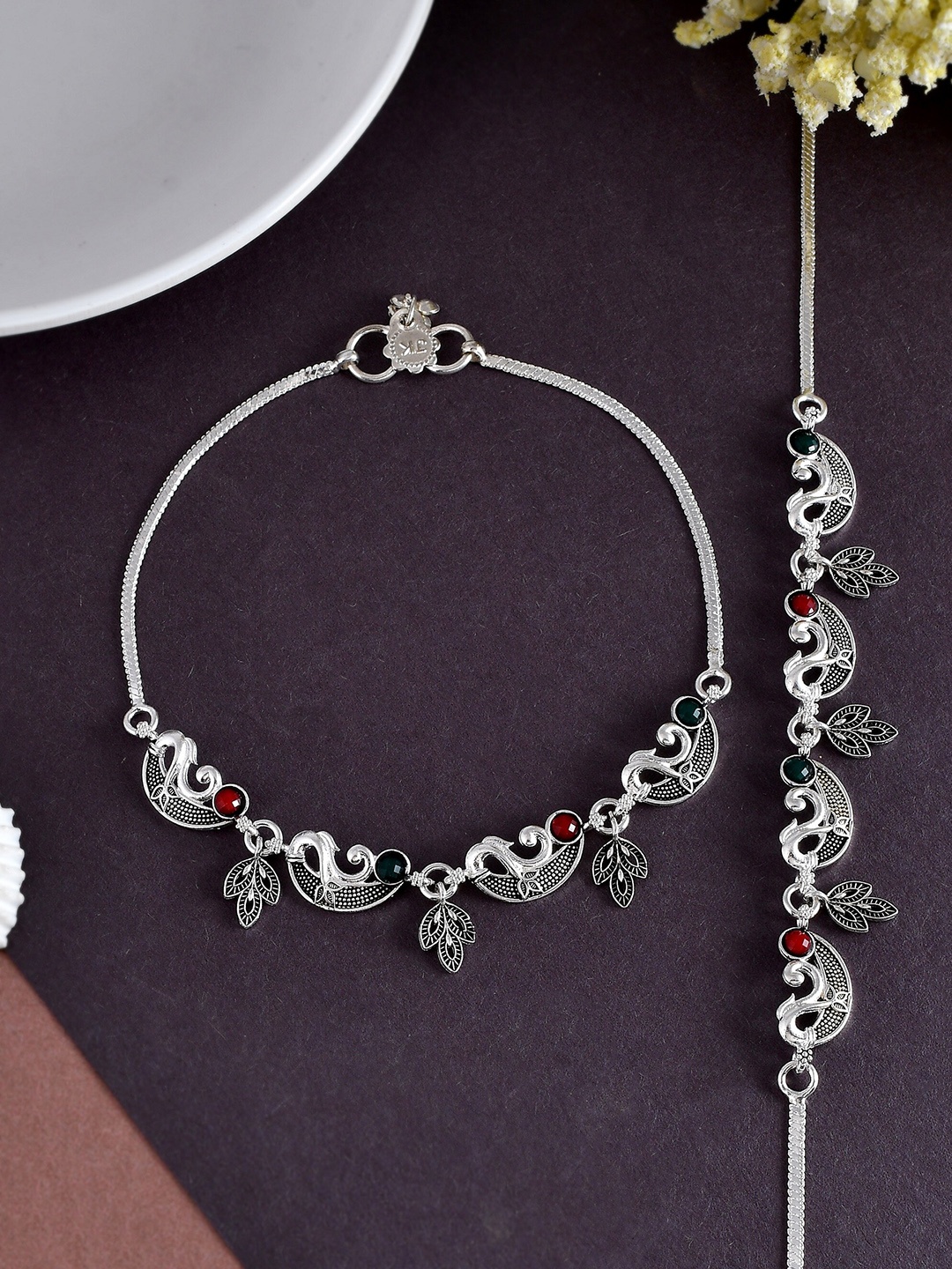 

Silvermerc Designs Set Of 2 Silver-Plated Stone-Studded Anklets