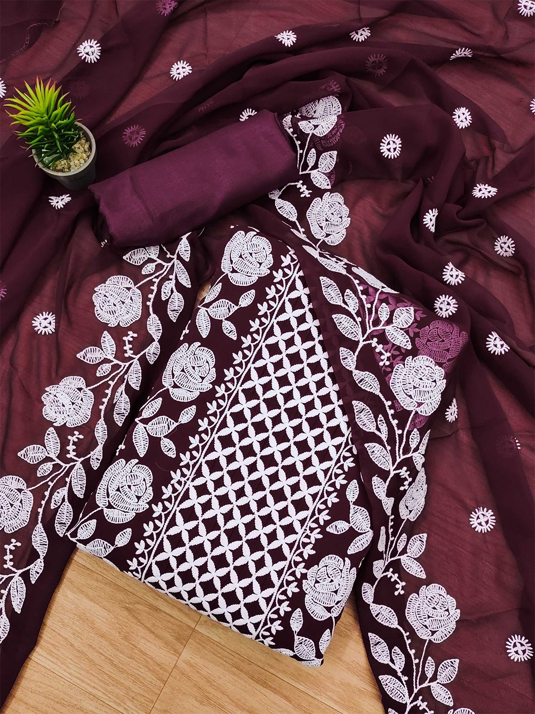 KALINI Embroidered Unstitched Dress Material, Purple