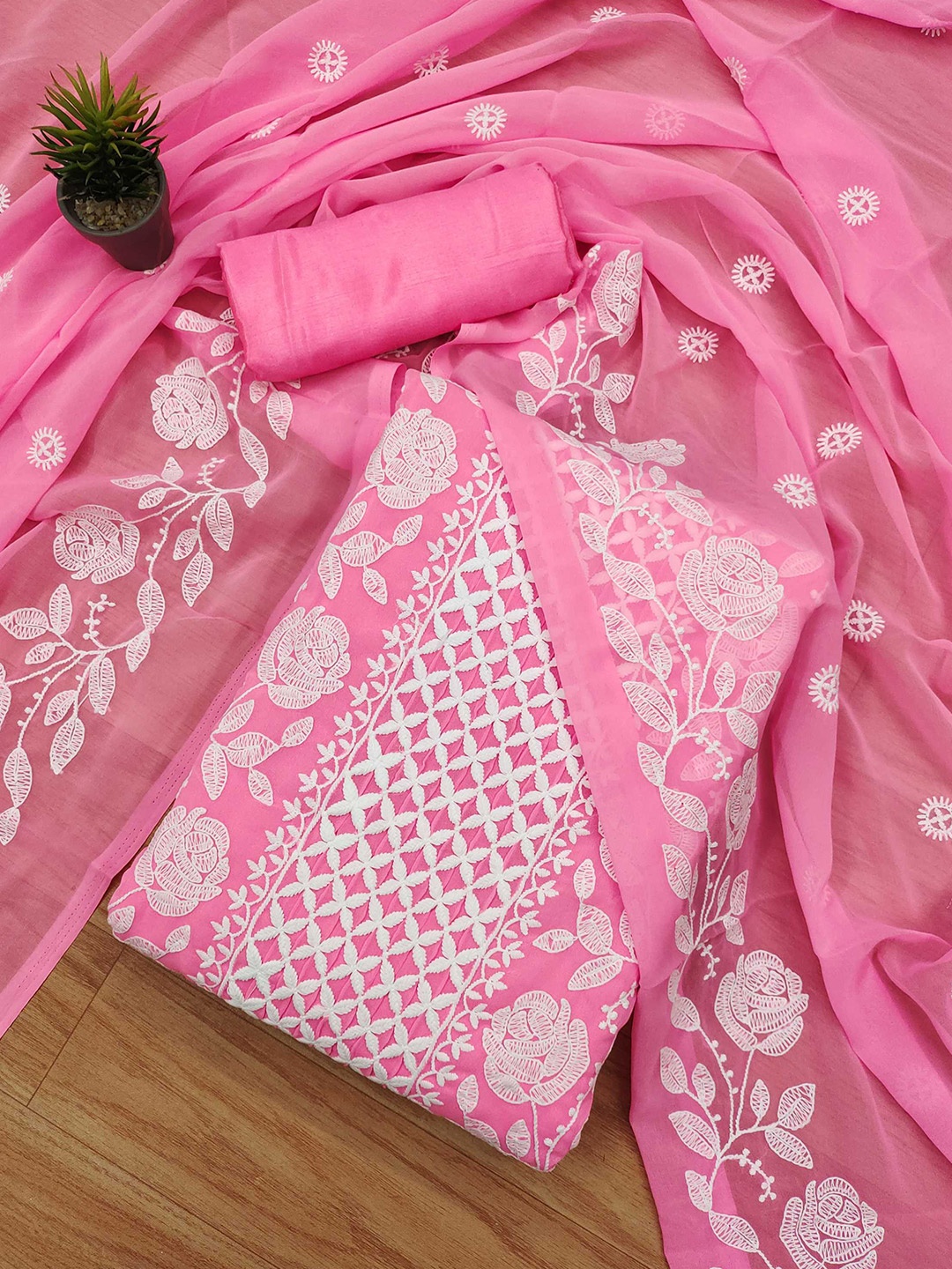 KALINI Floral Embroidered Unstitched Dress Material, Pink