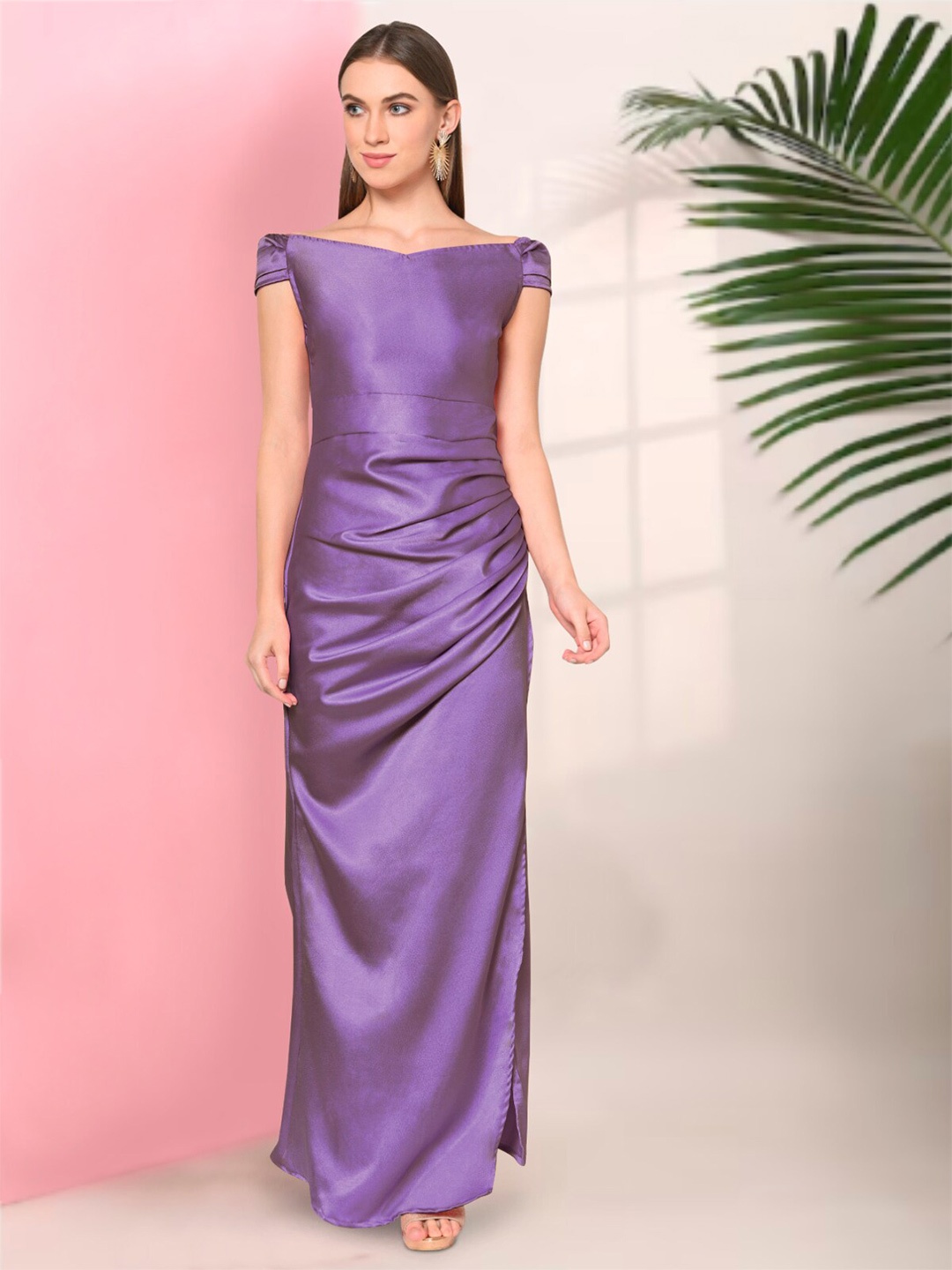 

Martini Off Shoulder Satin Maxi Draped Dress, Purple