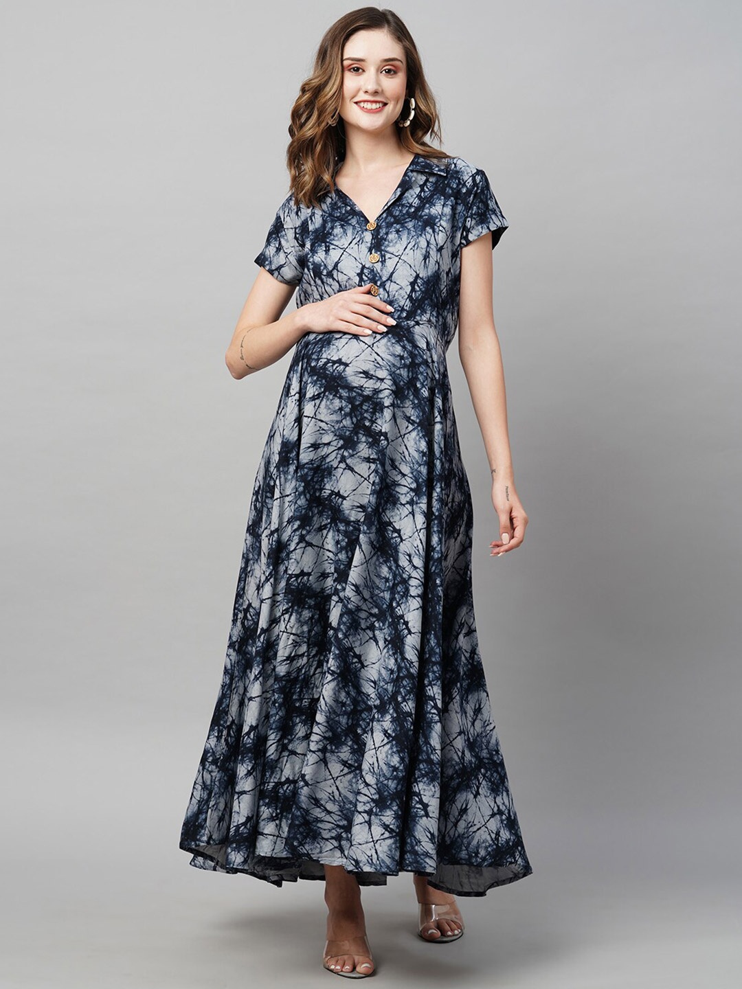 

MomToBe Tie & Dye Print Maternity Maxi Dress, Navy blue