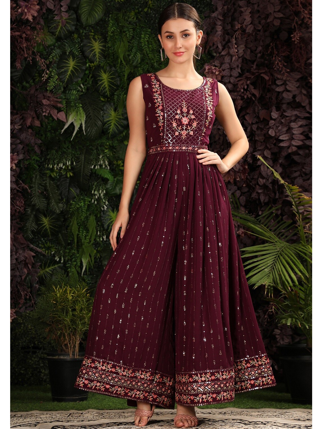 

KALINI Culotte Jumpsuit With Embroidered, Burgundy