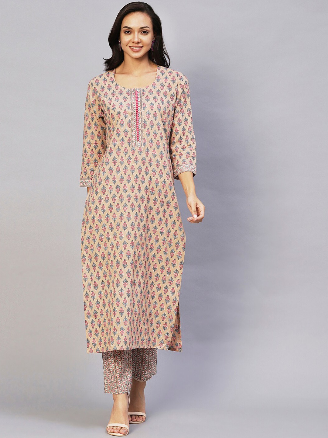 

KALINI Ethnic Motifs Printed Regular Kurta with Trousers, Beige