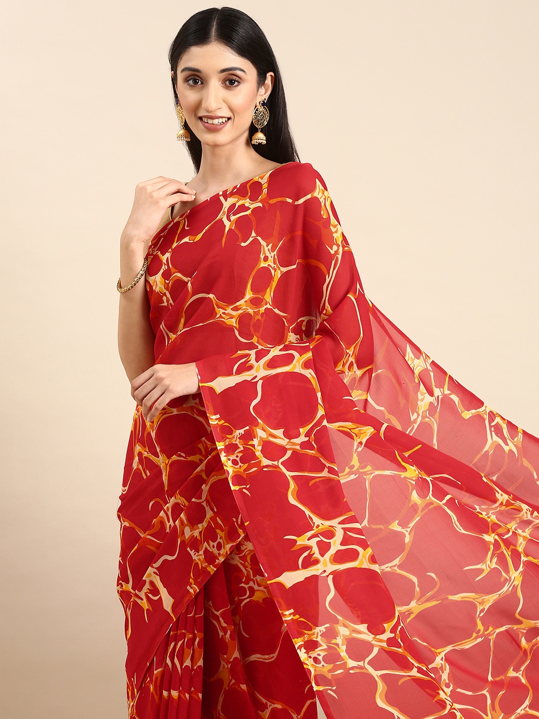 

HERE&NOW Abstract Print Pure Georgette Saree, Red