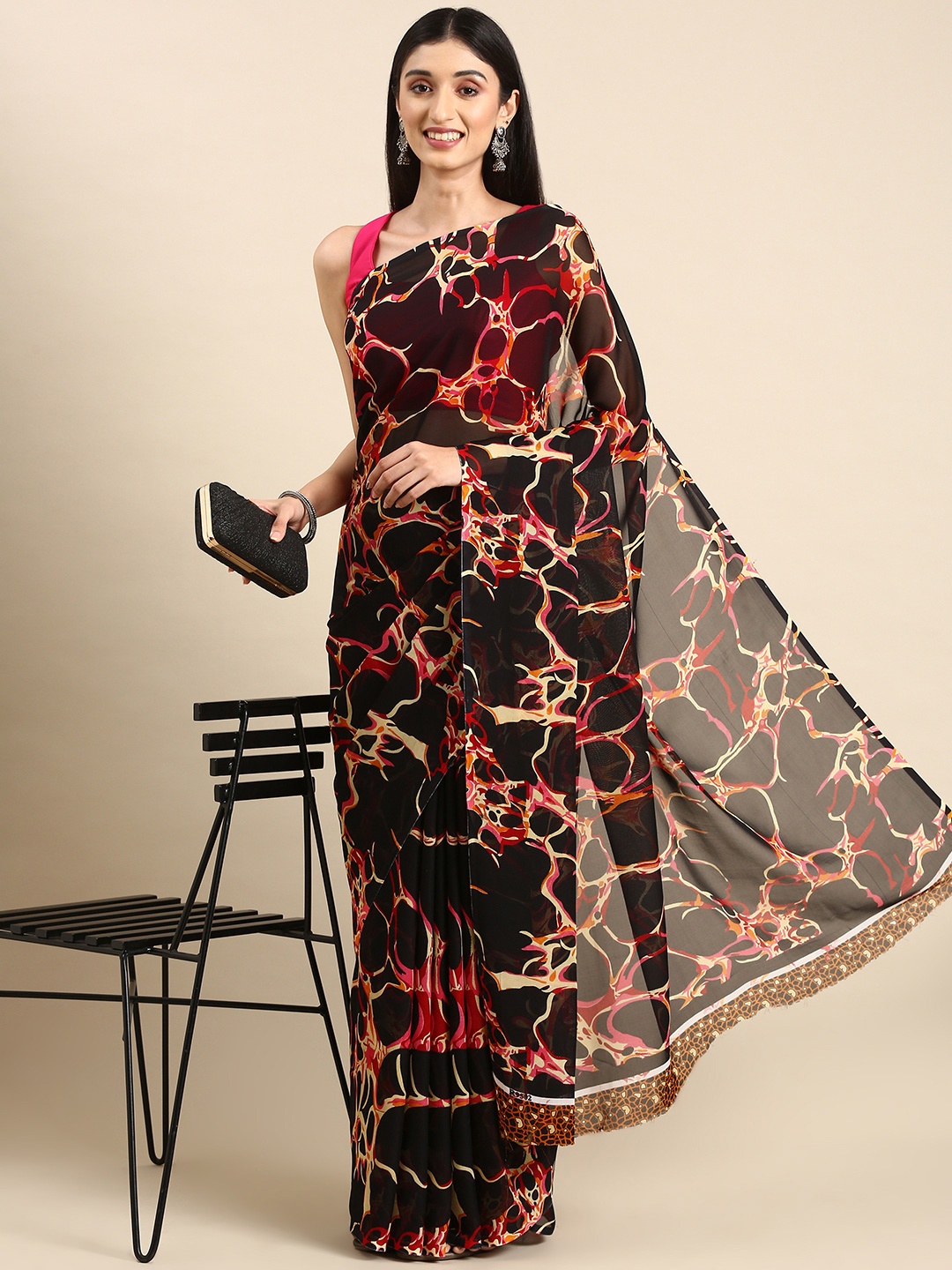 

HERE&NOW Abstract Print Pure Georgette Saree, Black