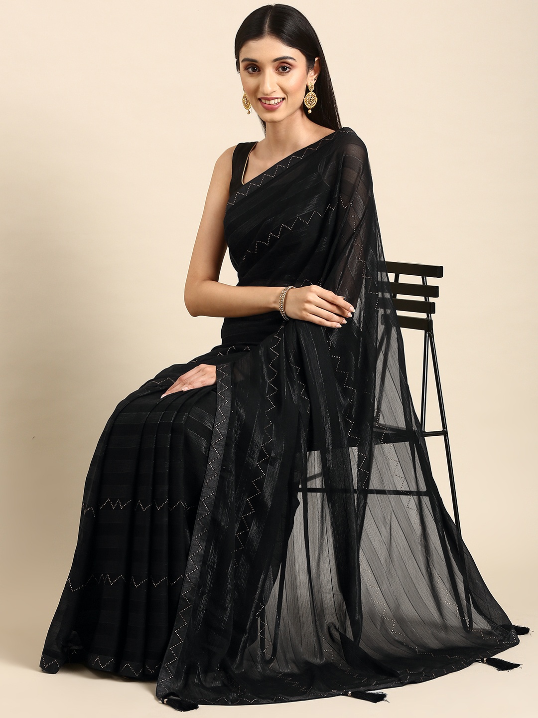 

HERE&NOW Striped Embellished Stones-Studded Saree, Black