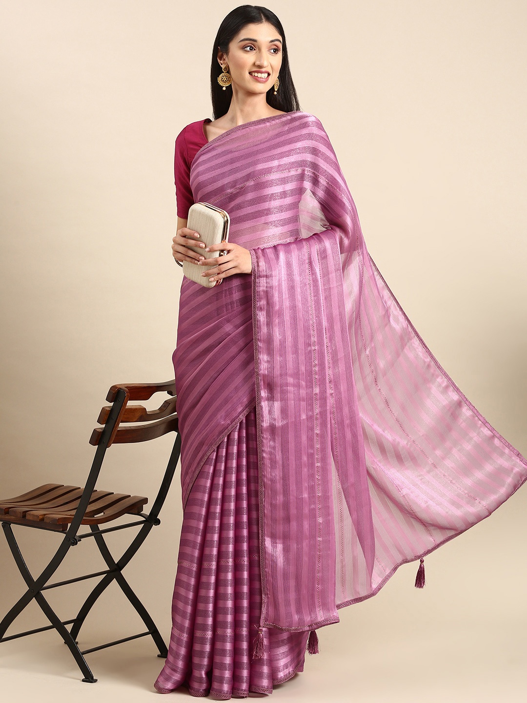

HERE&NOW Striped Embellished Stones-Studded Saree, Pink