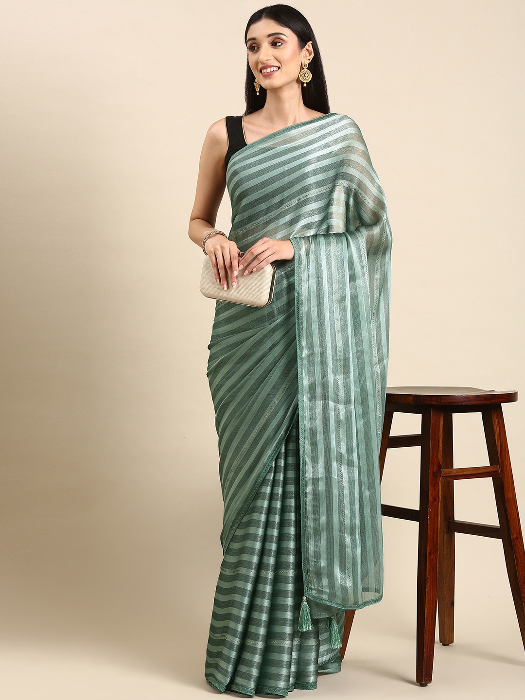 

HERE&NOW Striped Embellished Stones-Studded Saree, Sea green