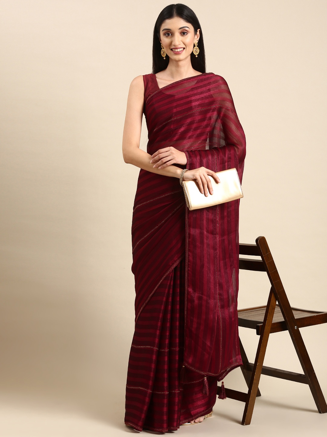 

HERE&NOW Striped Embellished Stones-Studded Saree, Maroon