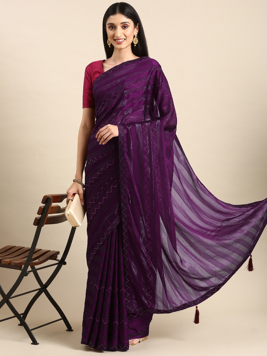 

HERE&NOW Striped Embellished Stones-Studded Saree, Burgundy