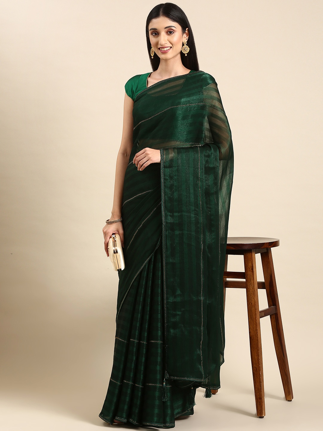 

HERE&NOW Striped Embellished Stones-Studded Saree, Green