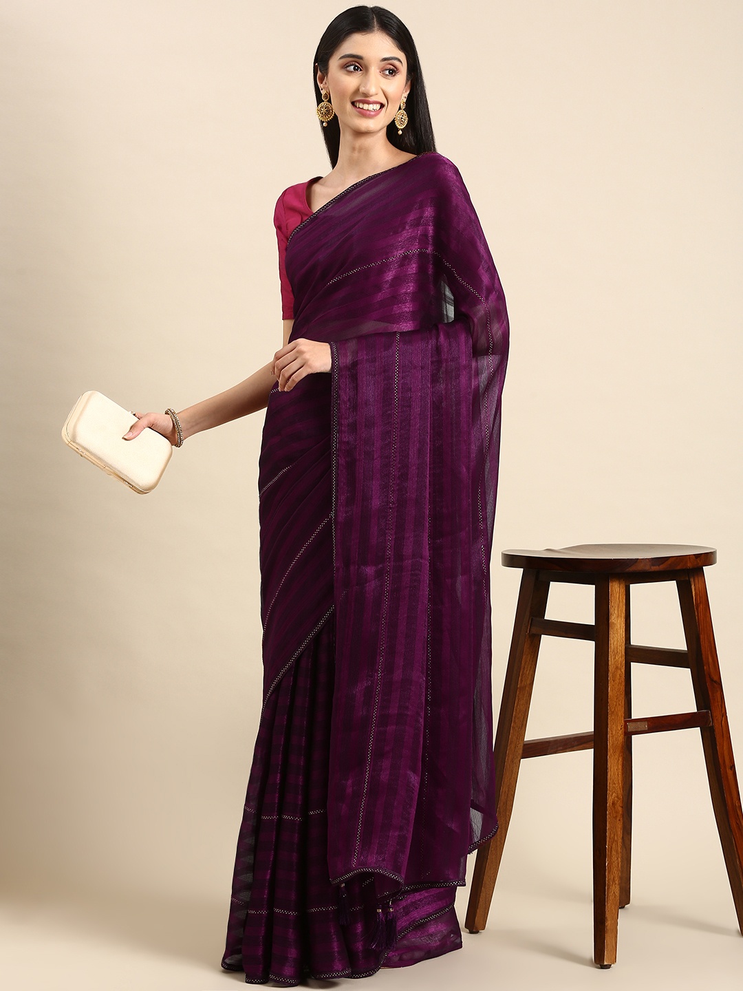 

HERE&NOW Striped Embellished Stones-Studded Saree, Burgundy