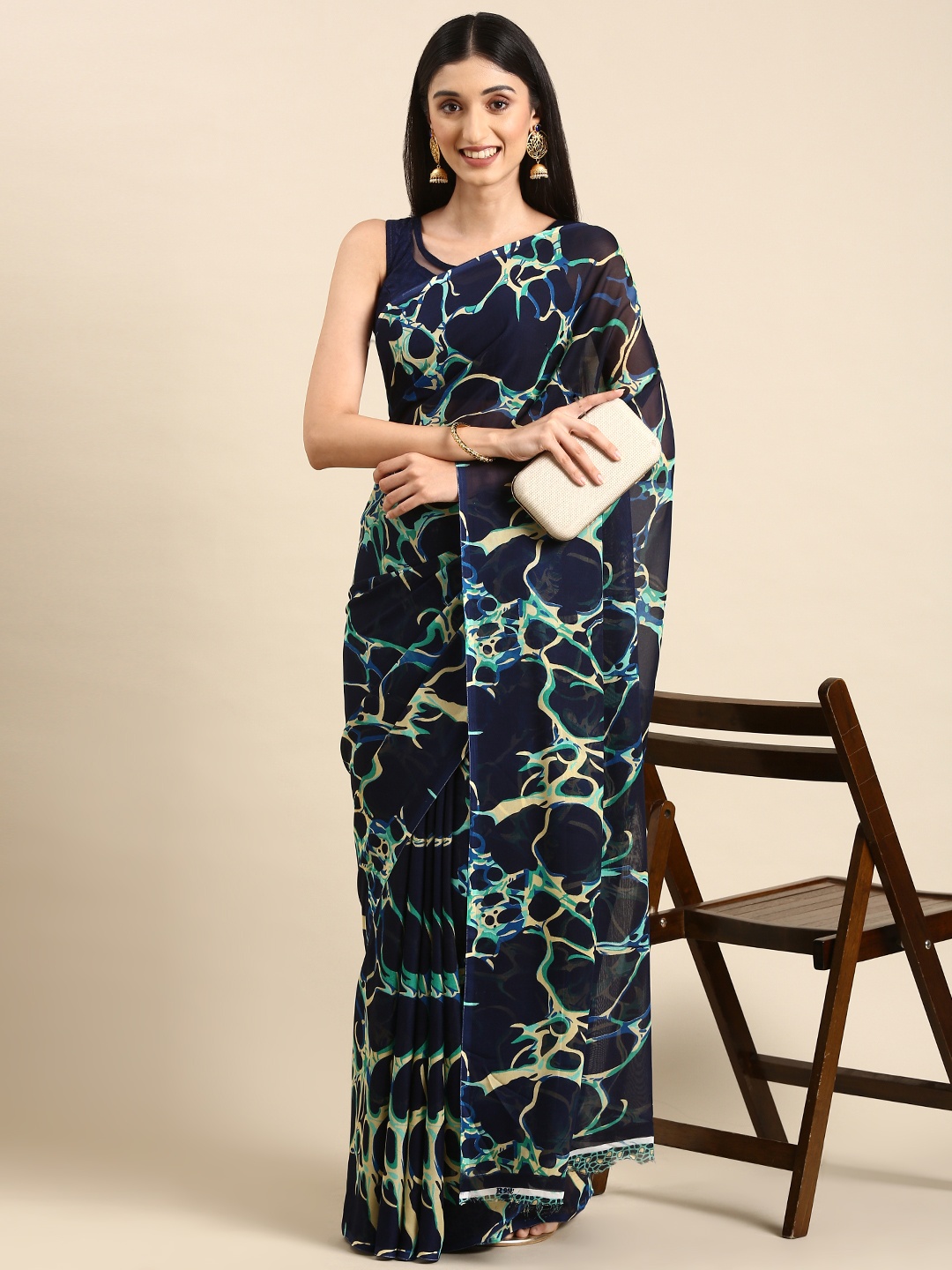 

HERE&NOW Abstract Print Pure Georgette Saree, Navy blue