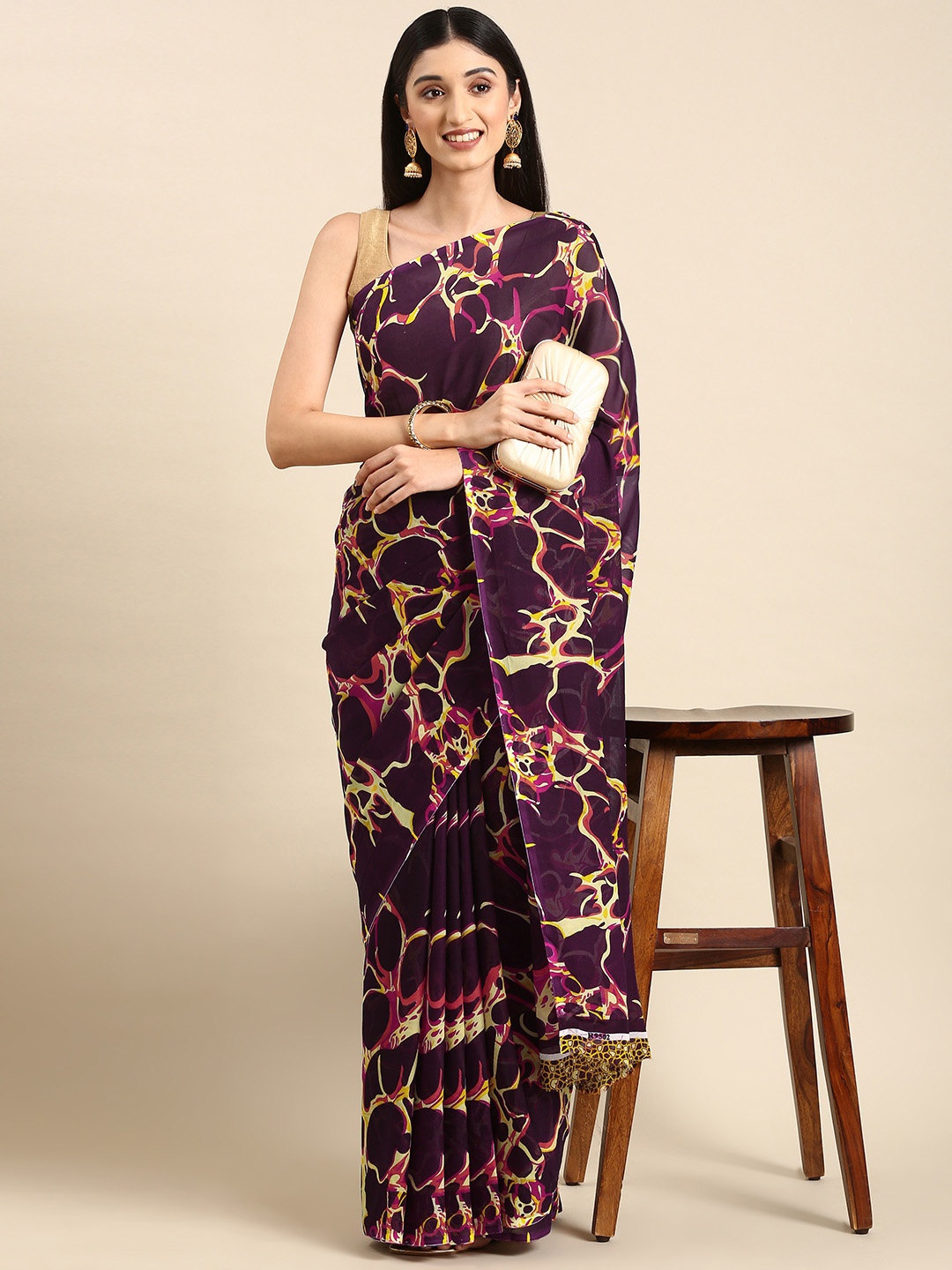 

HERE&NOW Abstract Printed Pure Georgette Saree, Maroon